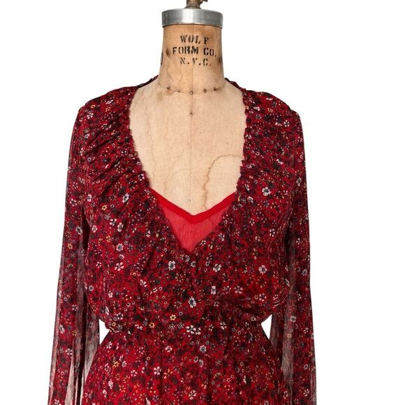 Pepe Jeans Red Floral Ruffle V-Neck Dress Size Small - Picture 2 of 7